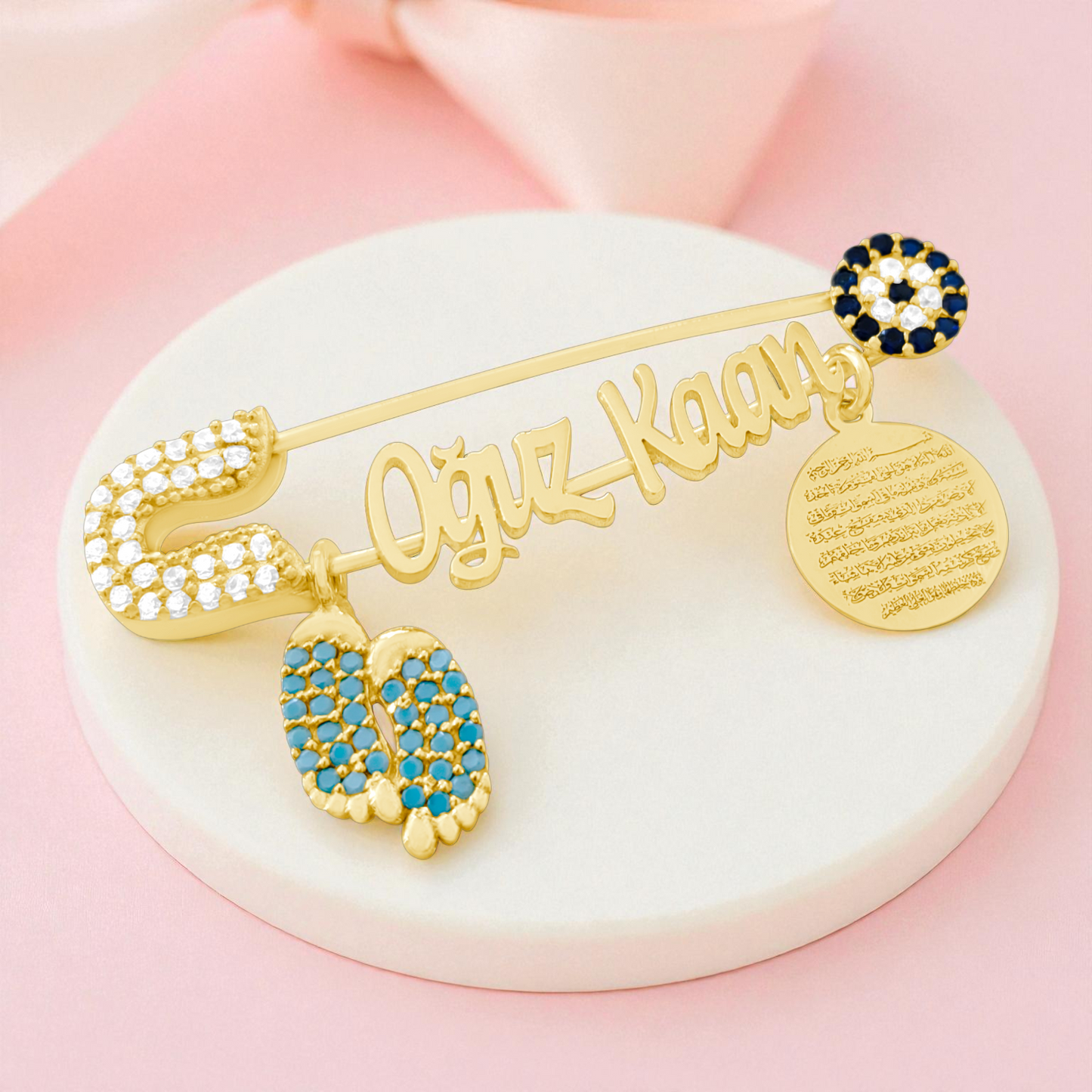 925 Ayar Gümüş İsimli Erkek Bebek Yaka İğnesi, Maşallah Bebek İğnesi, Bebek Nazarlık İğnesi